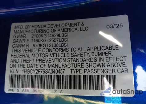 2025 Honda Accord Hybrid Sport-L from USA, damaged, VIN 1HGCY2F76SA040457